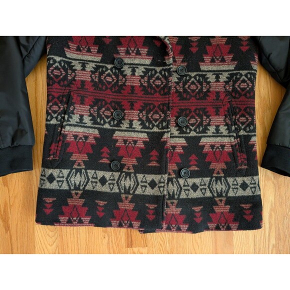 Sun Stone Southwestern Red Black Small Wool Blend Pea Coat Jacket Aztec Winter - Picture 2 of 11